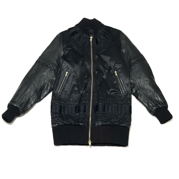 Skingraft Mens Leather and Silk Oversized Bomber Jacket Size XS Black